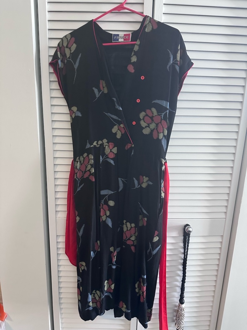 Vintage Black Floral Midi Dress with Pink Trim
